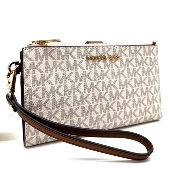 Michael Kors Large Double Zip Wallet Wristlet Vanilla/Brown - Picture 1 of 8
